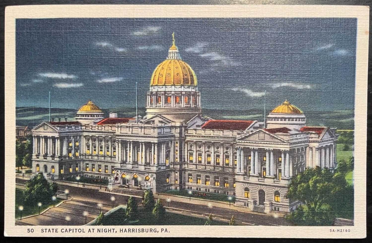 Vintage Postcard 1935 State Capitol Building at Night, Harrisburg, PA