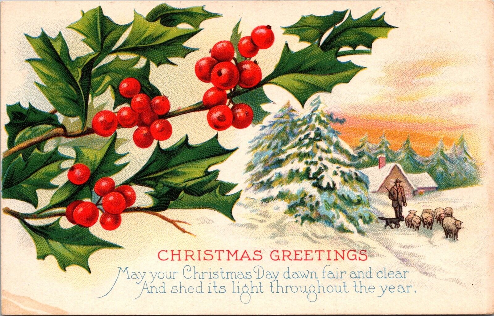 Vintage Early 1900\'s Christmas Postcard sheep hunter holly dog nostalgic a4