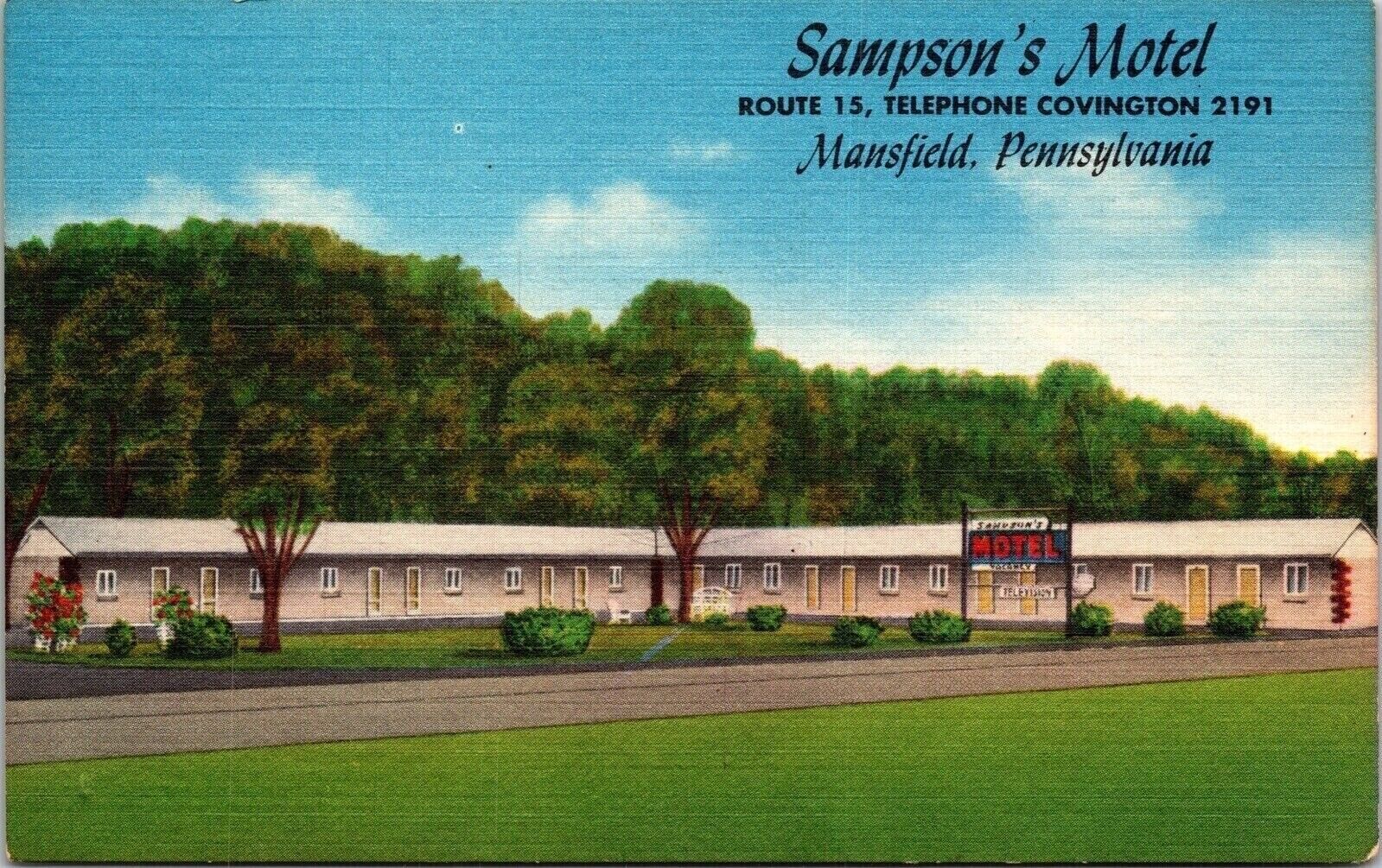 Sampsons Motel Linen Postcard Mansfield PA Pennsylvania Route 15 Sign