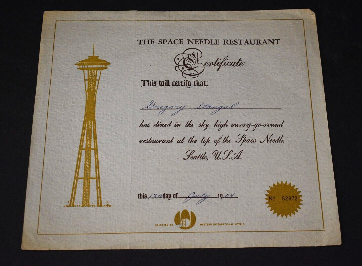 Vtg. 1964 Seattle, WA - The Space Needle Restaurant Menu & Certificate of Dining
