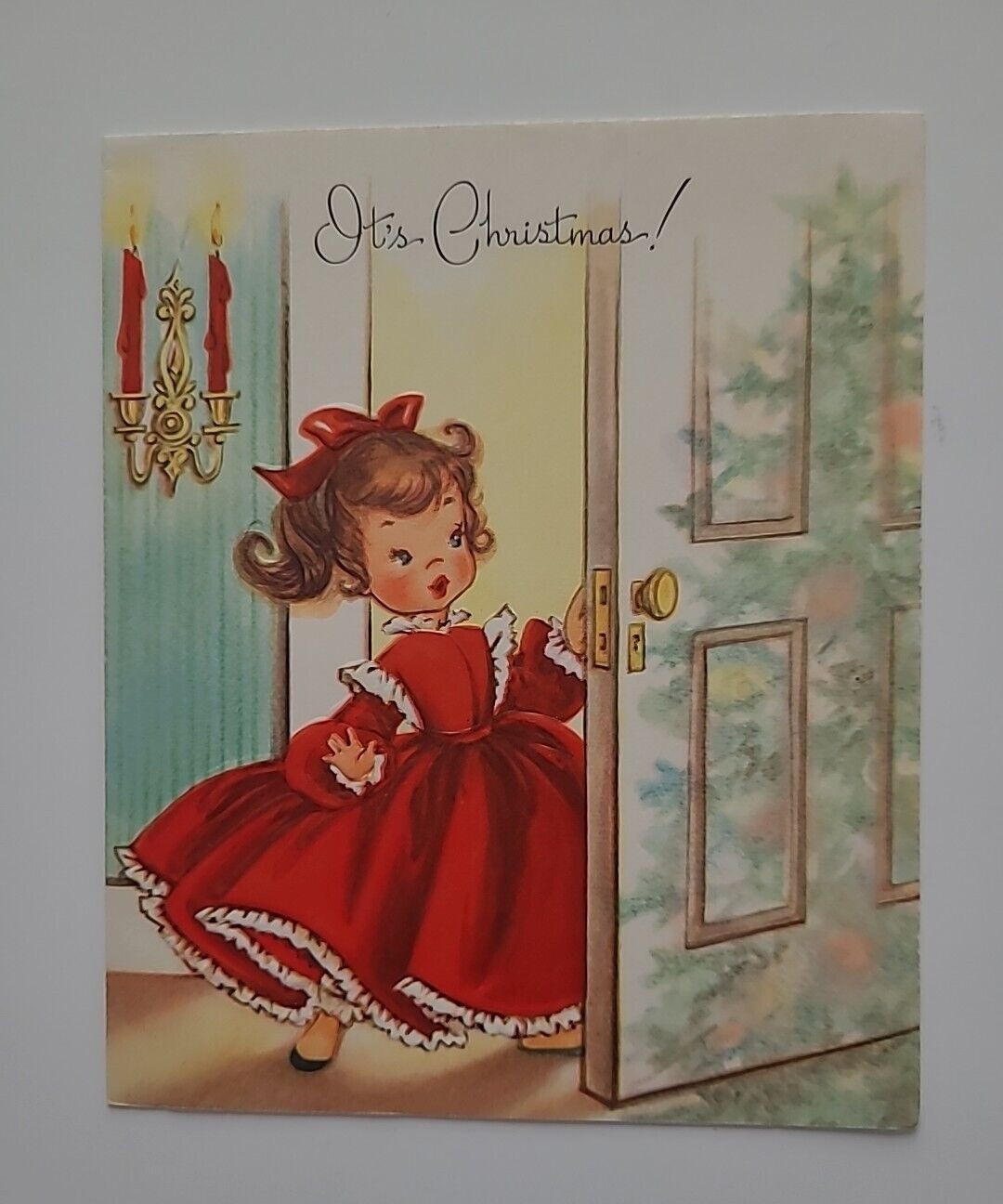 Vtg 1950s IT\'S CHRISTMAS GIRL in Pretty Red DRESS at the Door Embossed CARD