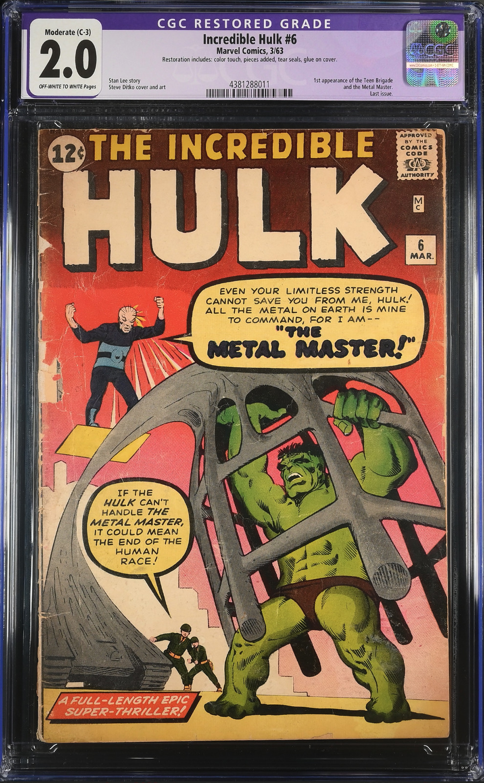 THE INCREDIBLE HULK #6 MARCH 1963 CGC 2.0 OW/W PAGES *RESTORED* 1st METAL MASTER