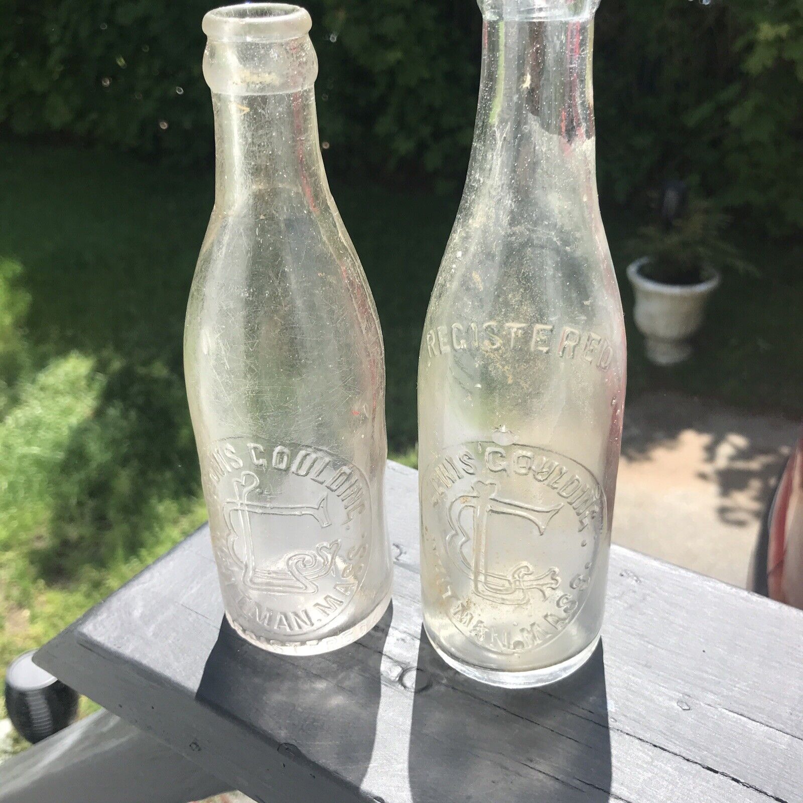 Two Vintage Lewis Goulding Embossed Soda Bottles...Whitman Ma