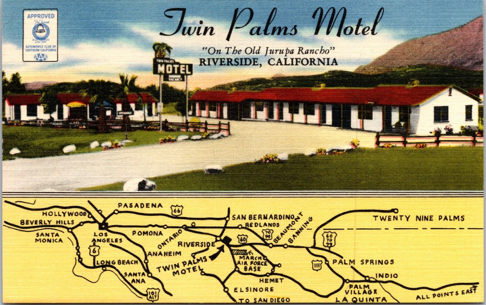 Twin Palms Motel Riverside CA Map Old Jurupa Rancho Calif linen postcard P16
