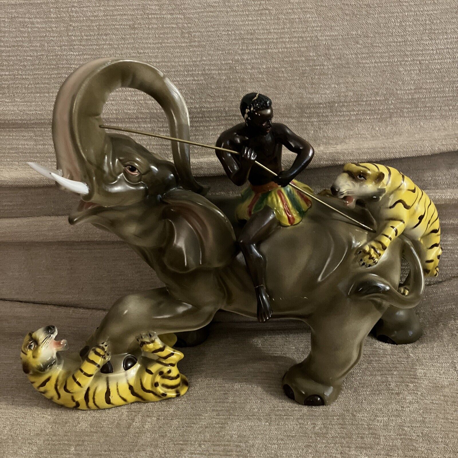 Rare Vintage 1950’s Blackamoor on Elephant w/ Attacking Tigers Portugal Figure