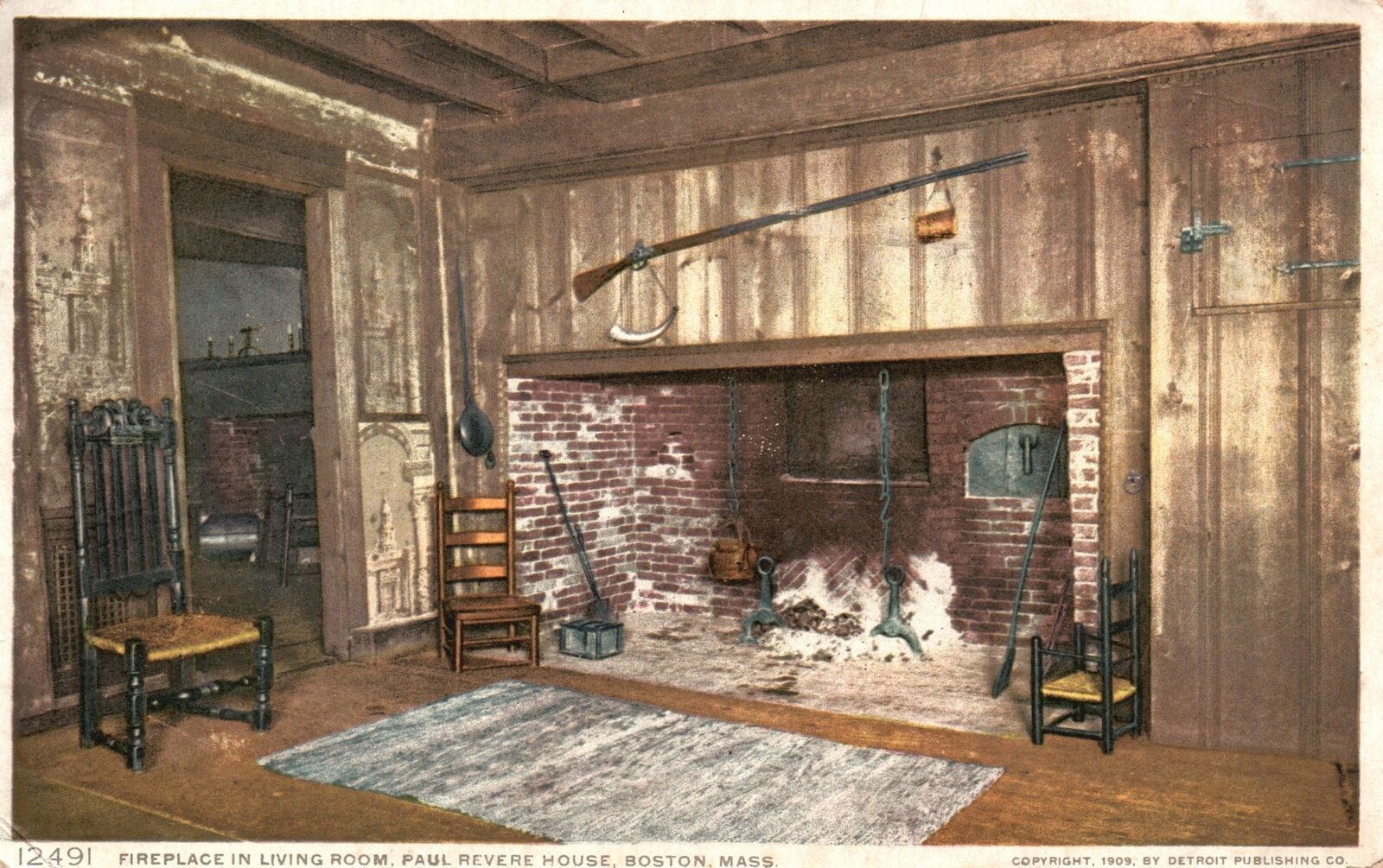 Vintage Postcard 1910's Fireplace Living Room Paul Revere Boston Massachusetts