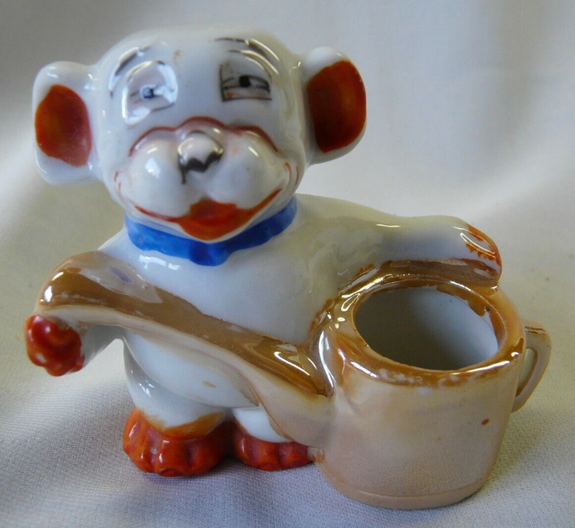 Vintage Porcelain Bonzo Dog Holding a Cup Toothpick Holder Japan