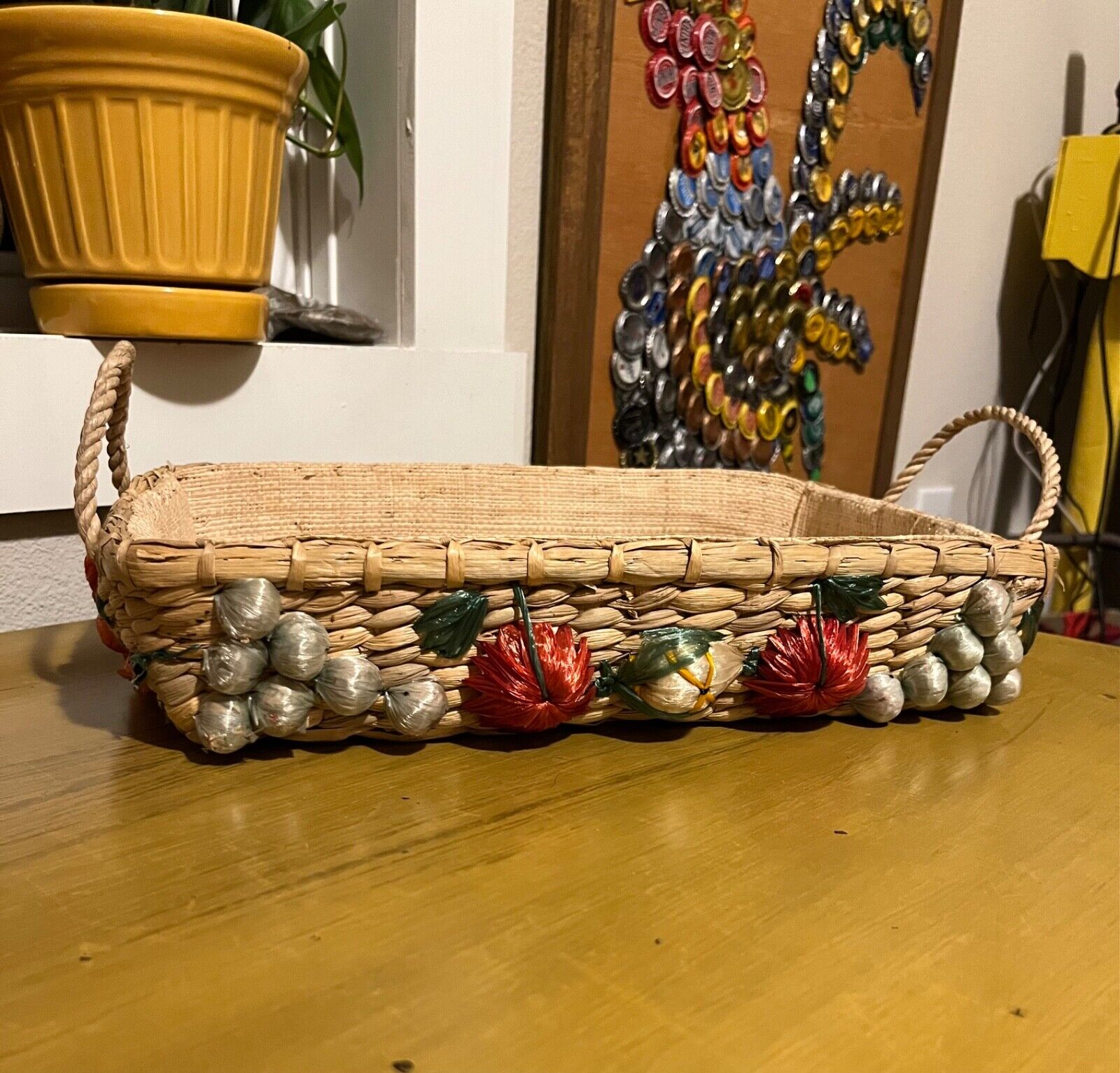 Vintage Woven Raffia Straw Casserole Basket Tray Grape Cluster Kitsch Storage