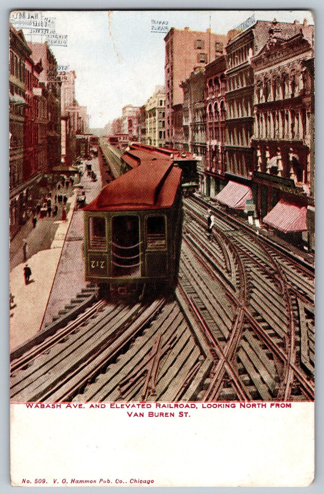 Wabash Ave. - Elevated Railroad at Van Buren Street - Vintage Postcard - Posted