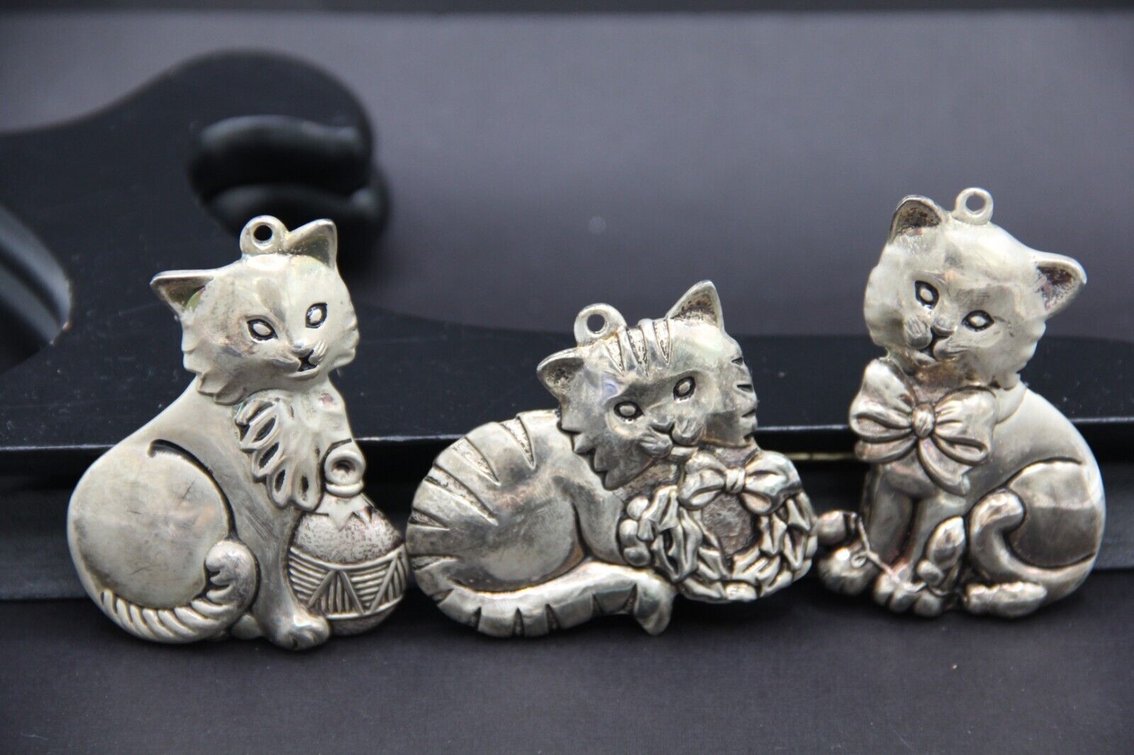 Gorham Christmas Cat Ornaments Silver Plate Metal Set of 3