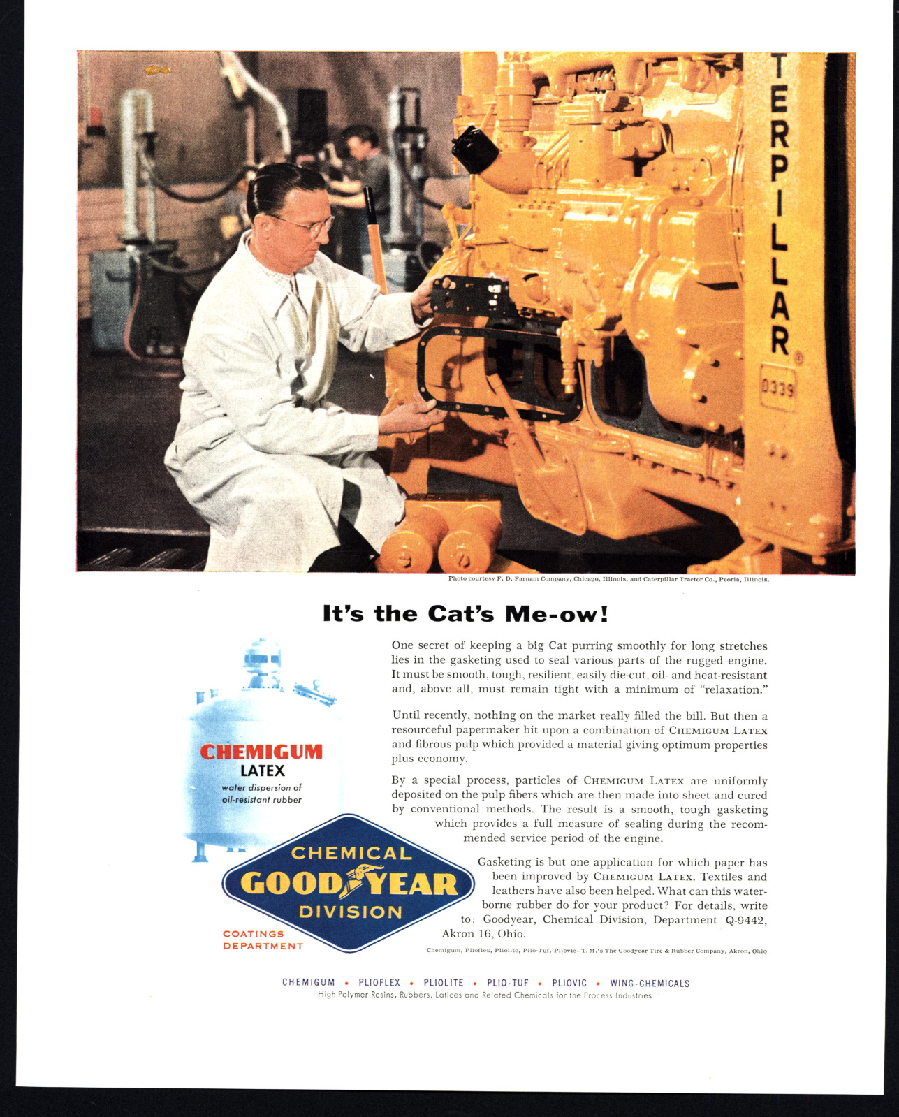 1956 PRINT AD CHEMICAL GOODYEAR CHEMIGUM LATEX CATERPILLAR