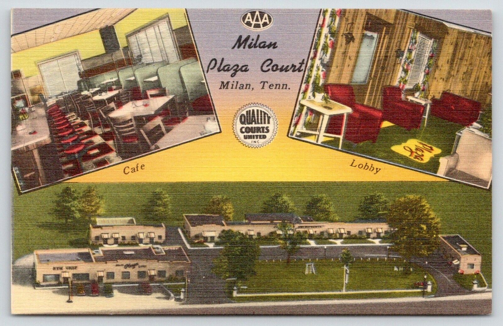 Milan Tennessee~Milan Plaza Court~Cafe-Lobby-Birdseye View~1940s Roadside