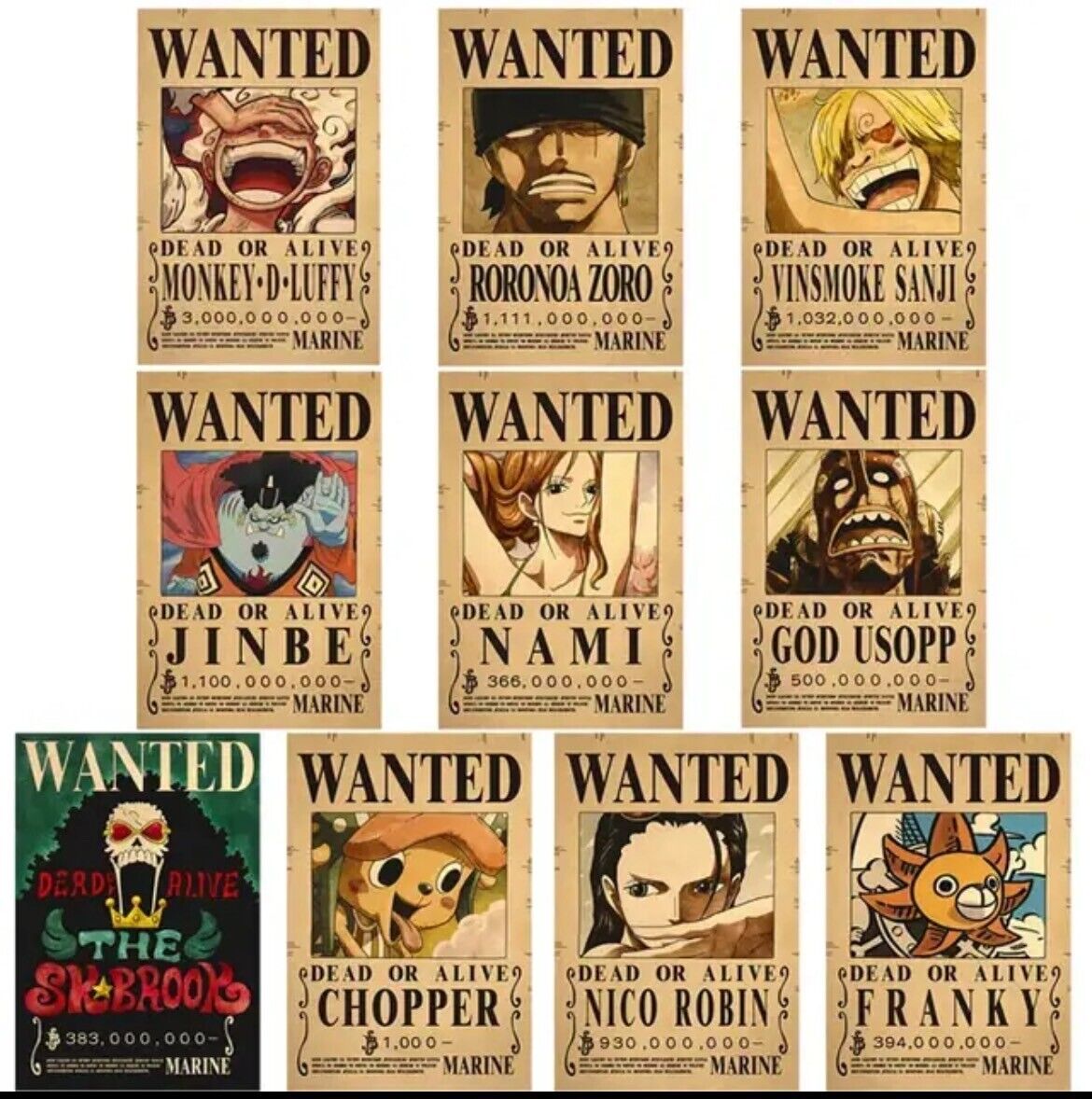 One Piece Straw Hat Crew Wanted Posters 10pcs Set