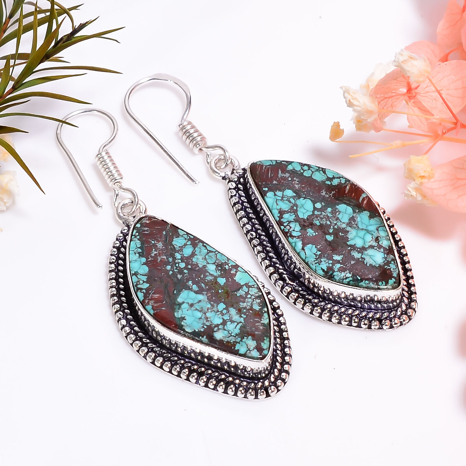Magnesite Turquoise a Vintage Handmade .925 Silver Plated Earrings 2\