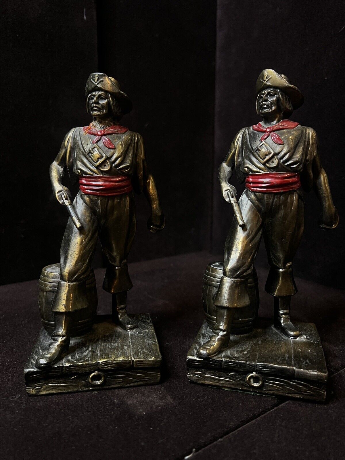 Pair Antique Armor Bronze Pirate Enamel Metal Statues/Bookends “as-is”