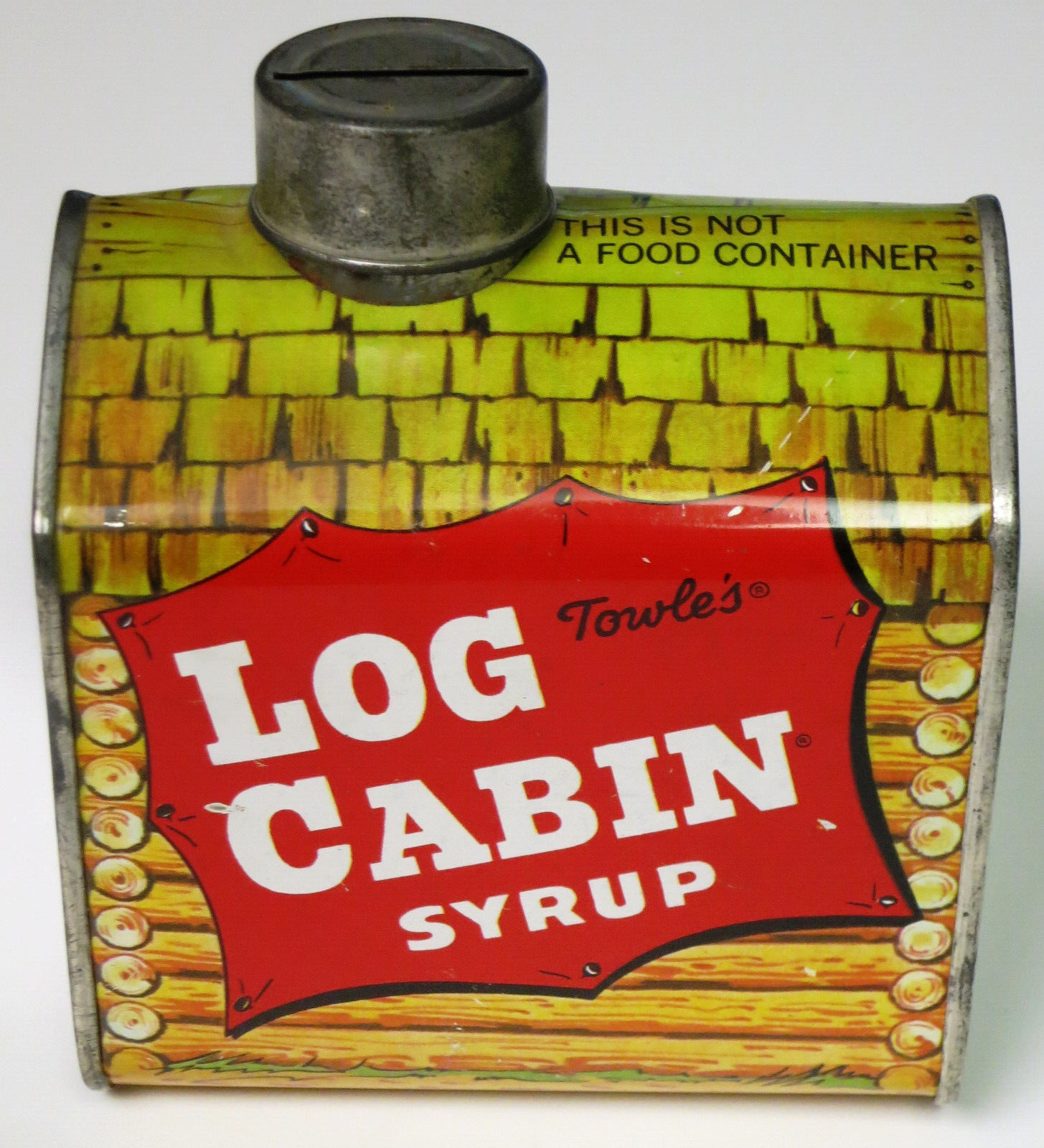 TOWLE\'S LOG CABIN SYRUP Coin Bank Tin Lithograph Mom, Daughter, Son VINTAGE 1971