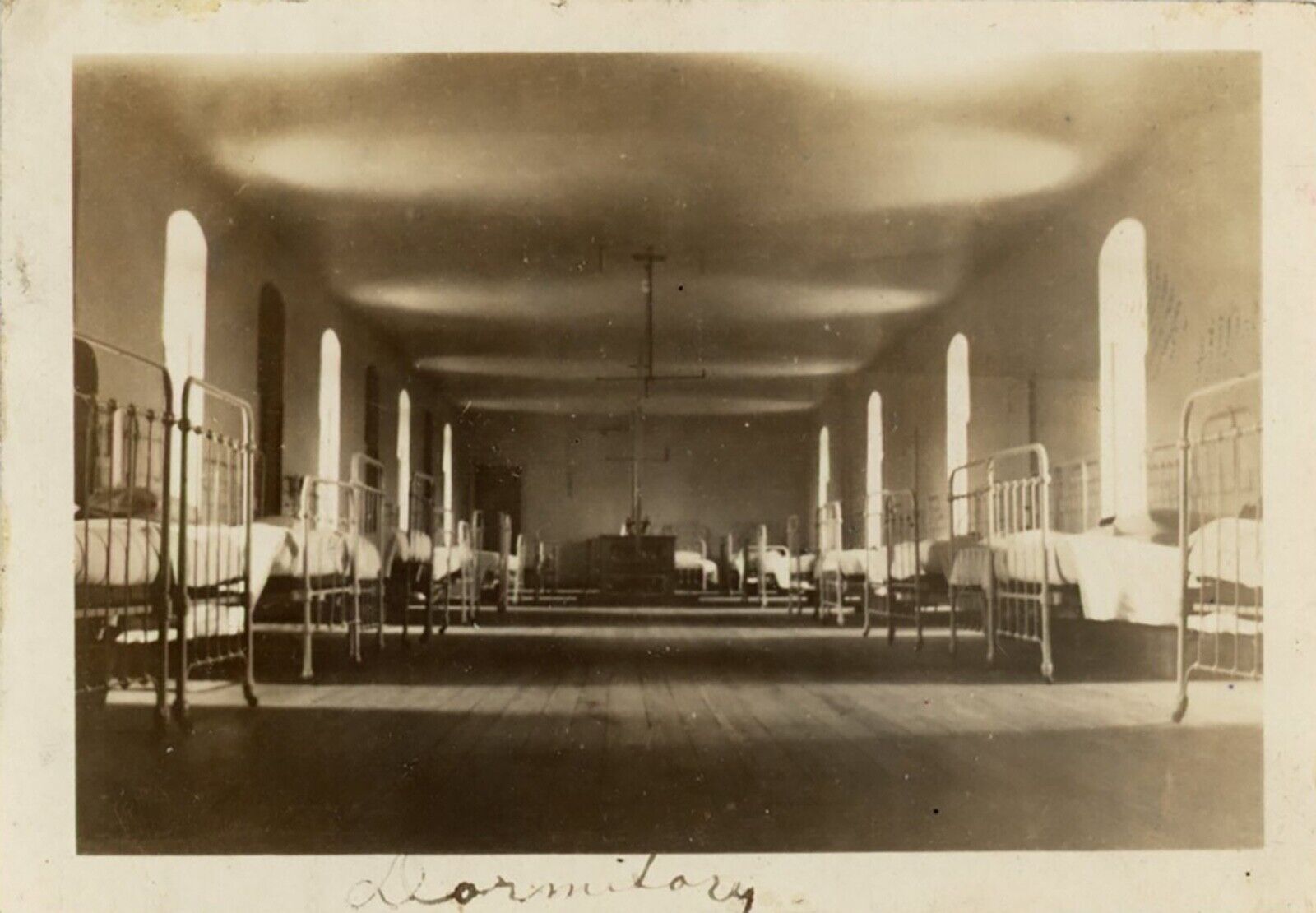 spooky  DORMITORY in AMAZING LIGHT empty beds PROBABLY HAUNTED vintage photo 20s