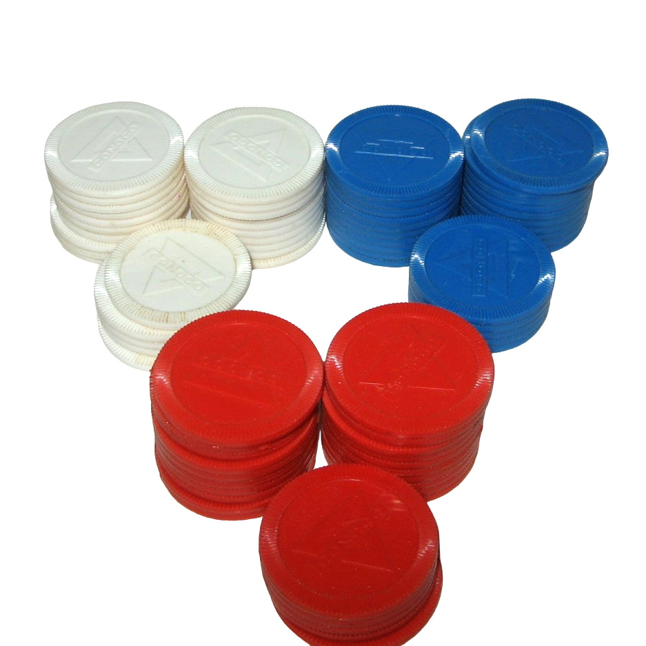 Lot of 75 Vintage Conoco Branded Plastic Poker Chips Red White and Blue Pre-1970