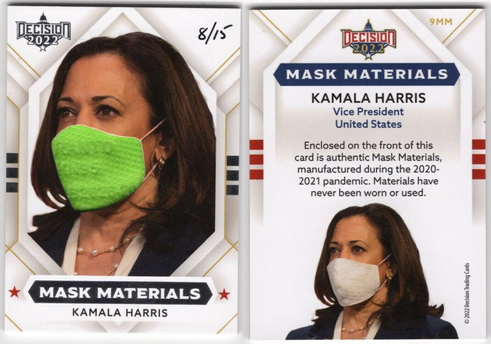 KAMALA HARRIS DECISION 2022 MASK MATERIALS RELIC CARD 9MM  SER# 8/15