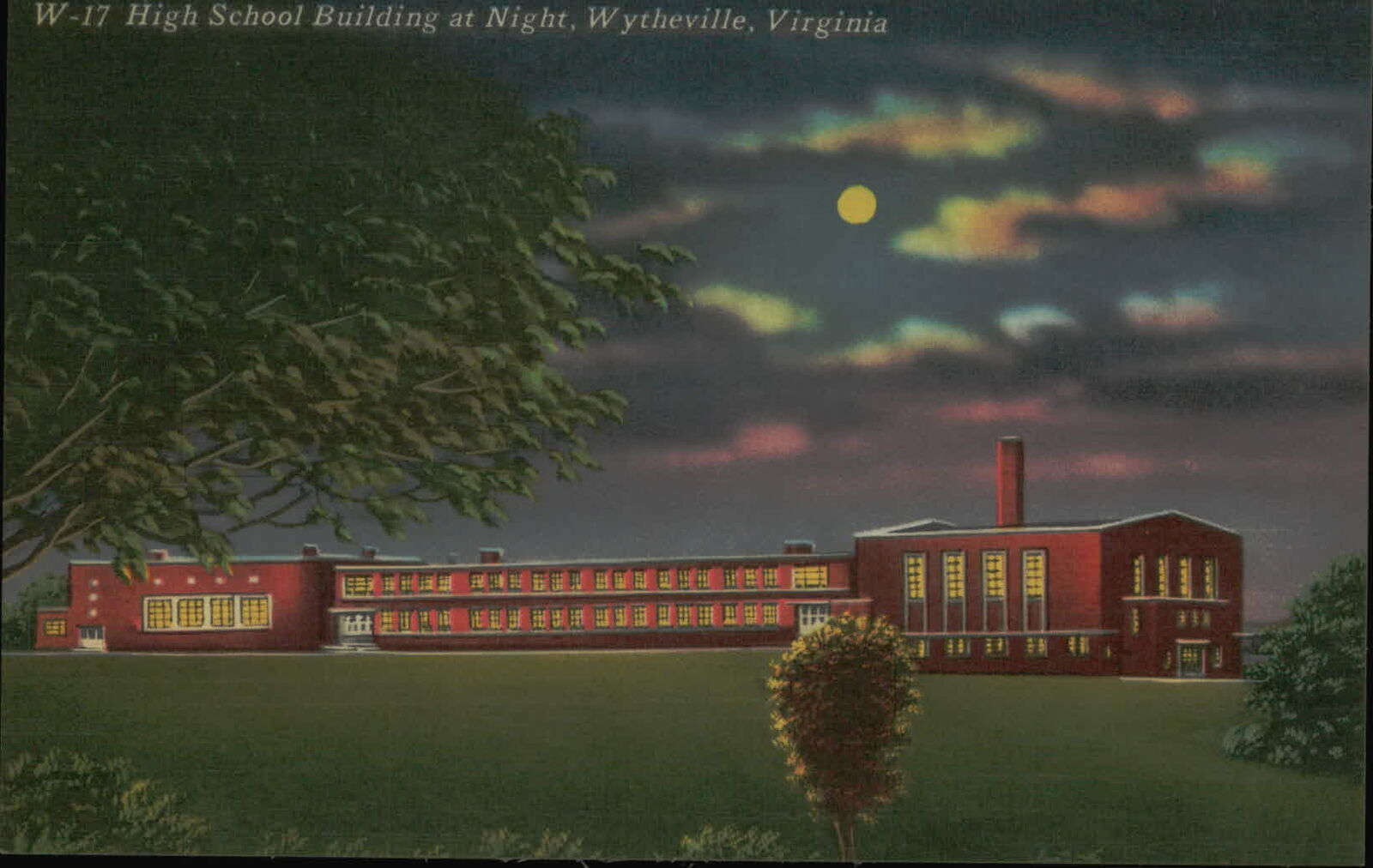 Postcard: W-17 High School Building at Night, Wytheville, Virginia