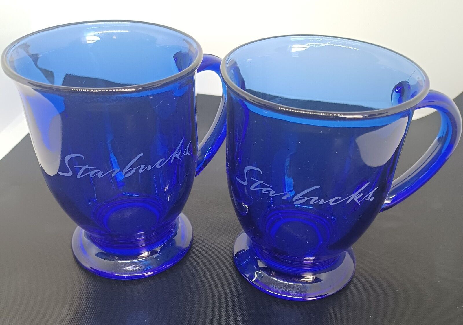STARBUCKS Cobalt Blue Glass Footed Coffee Mugs Cup Anchor Hocking Set Of 2