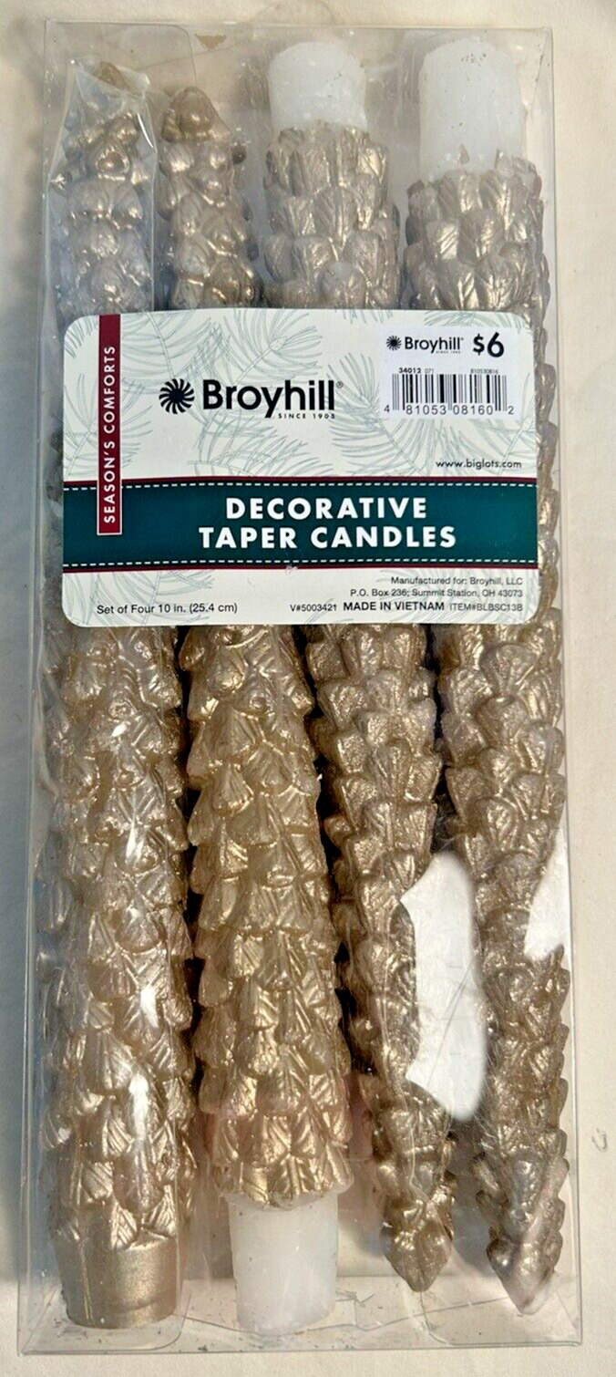 NIOB - SET OF 4 GOLD CHRISTMAS TREE 10” TAPERED CANDLES Sculptured Unscented