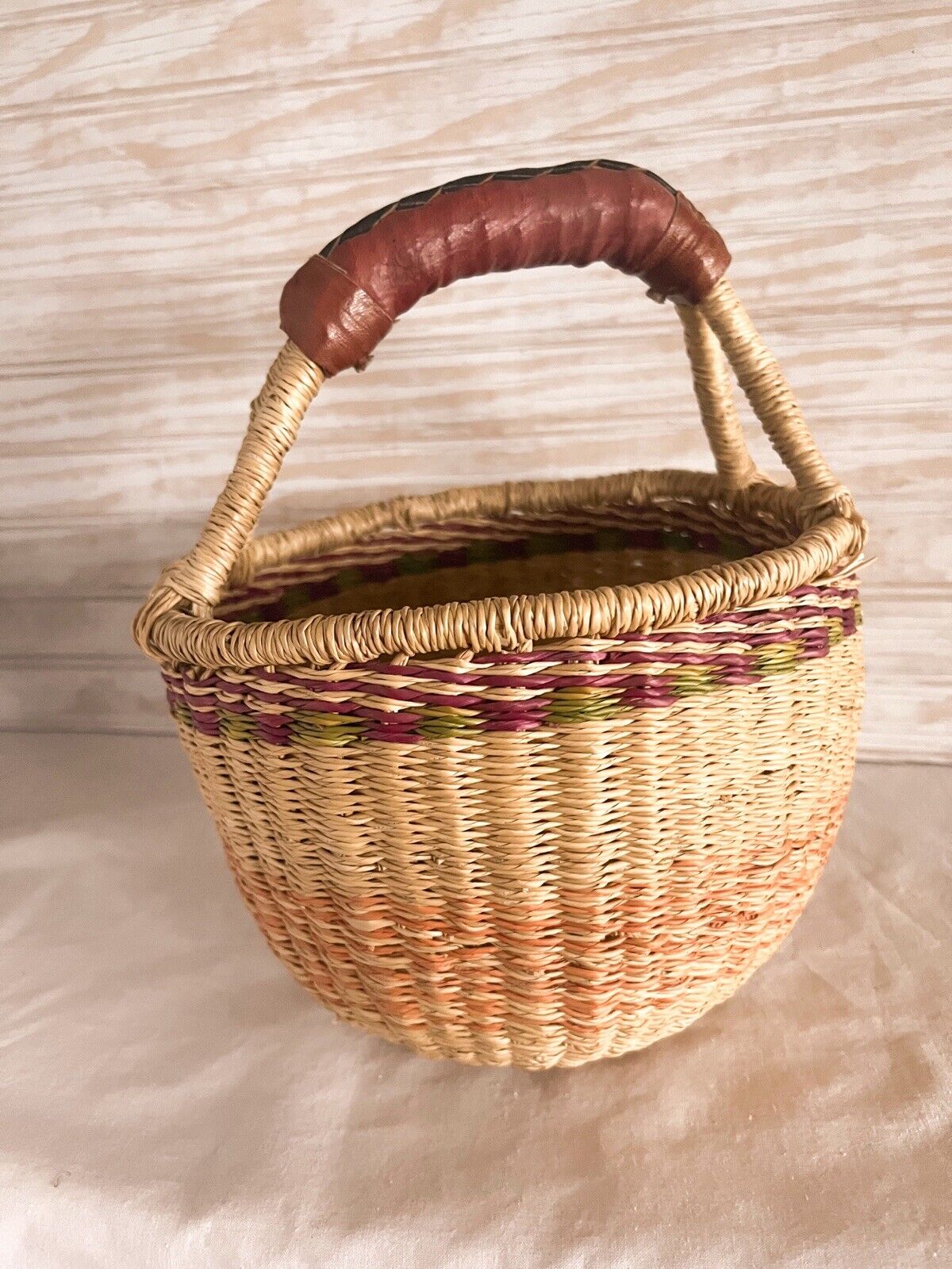Vintage Woven Gathering Basket Market Round Leather Wrapped Handle Dyed