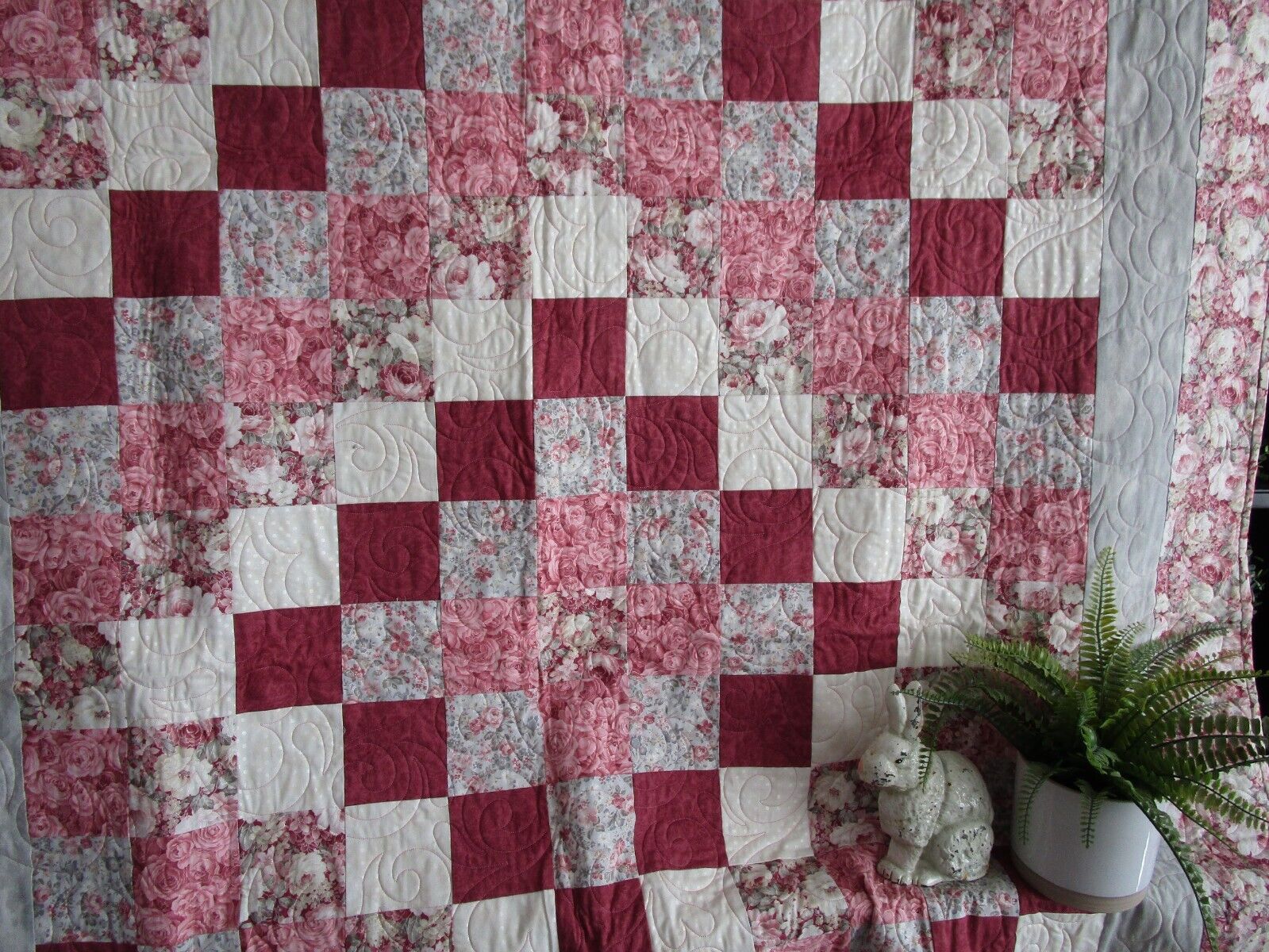 Vintage LOOK PATCHWORK Quilt, HANDMADE, 60 X 74, FLORAL ROSE, GRAY, NEW