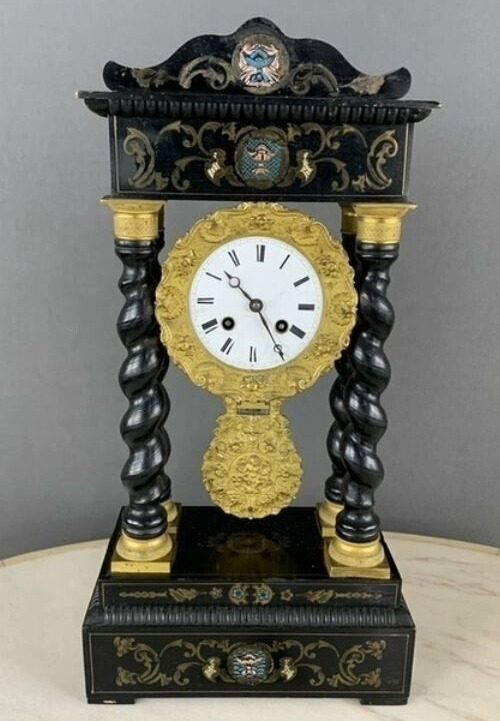 Antique Clock Mechanical Tabke Bronze Wood Key Pendulum Decor Rare Old Art 19th
