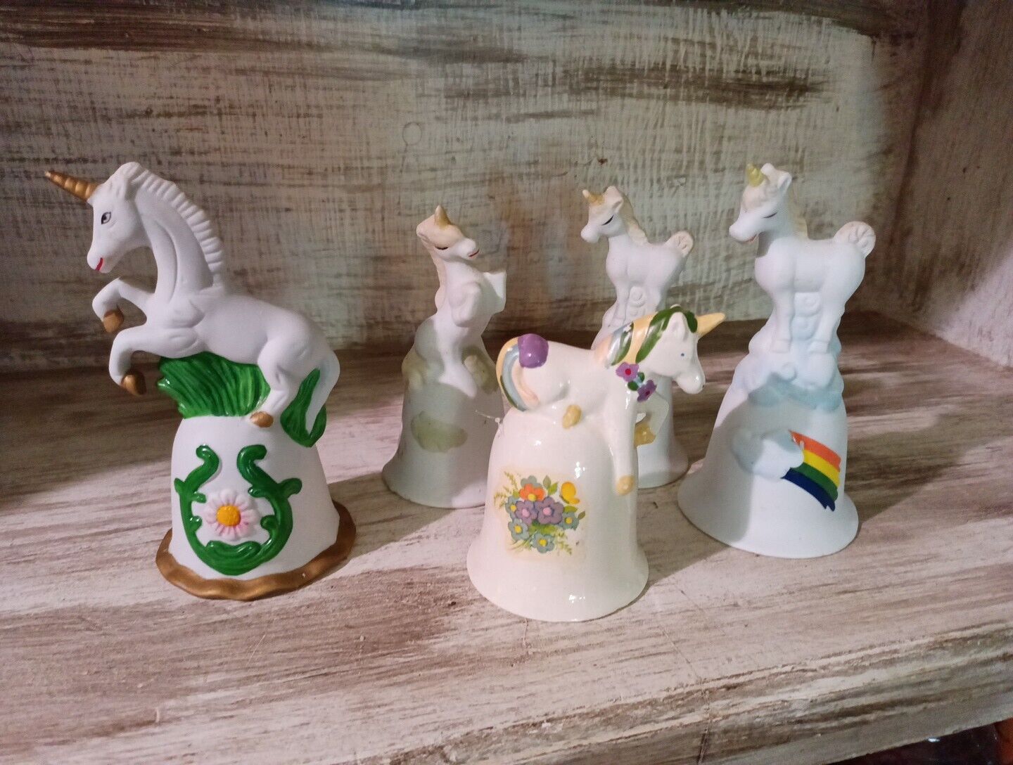 Darling Vintage 70s 80s Porcelain Unicorn Bell Lot Of 5 Fantasy Figurines