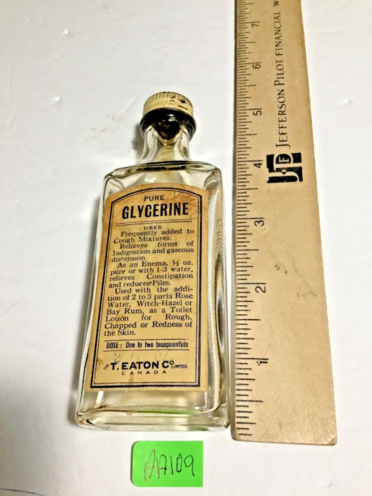 AA109 Vintage  Empty Glycerine Bottle T. Eaton Co. Limited Canada Good