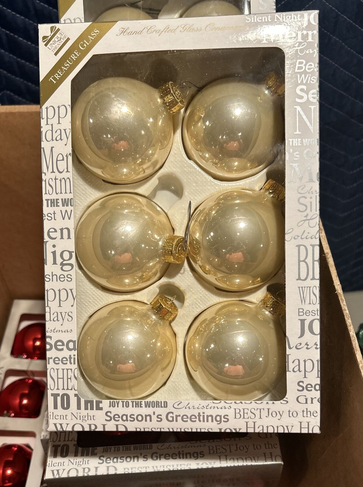 Vintage Glass Ornaments Christmas Tree Round Lt Gold Unique Treasure Box Of 6