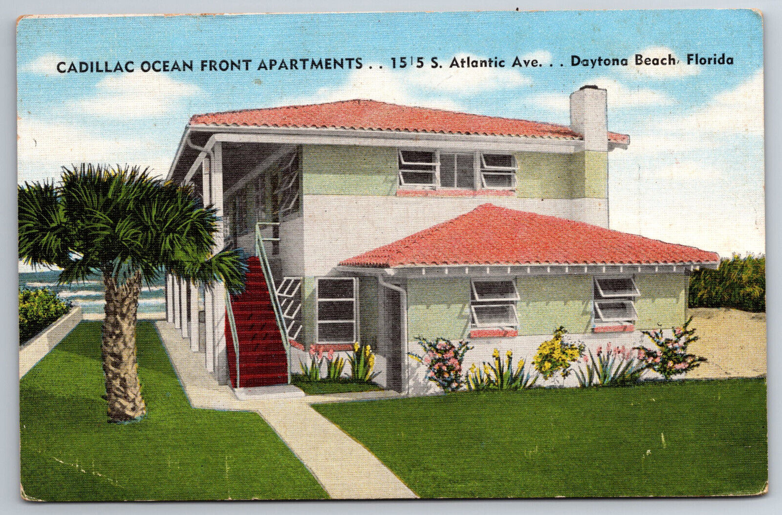 Vintage Postcard FL Daytona Beach Cadillac Ocean Front Apartments ~8105
