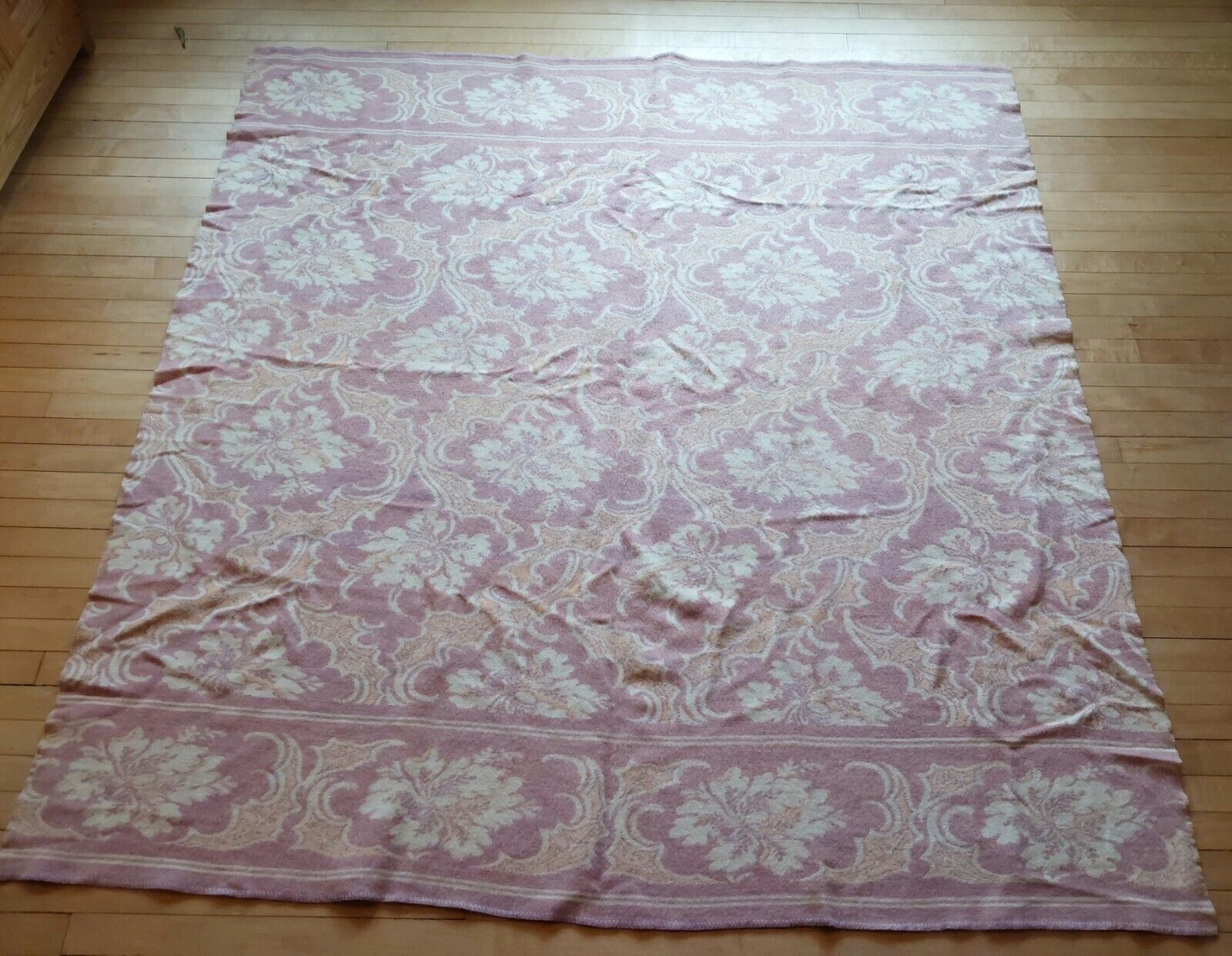 Vintage Orr Health Pink Floral Paisley Wool Blanket Reversible Full Size 71x75\