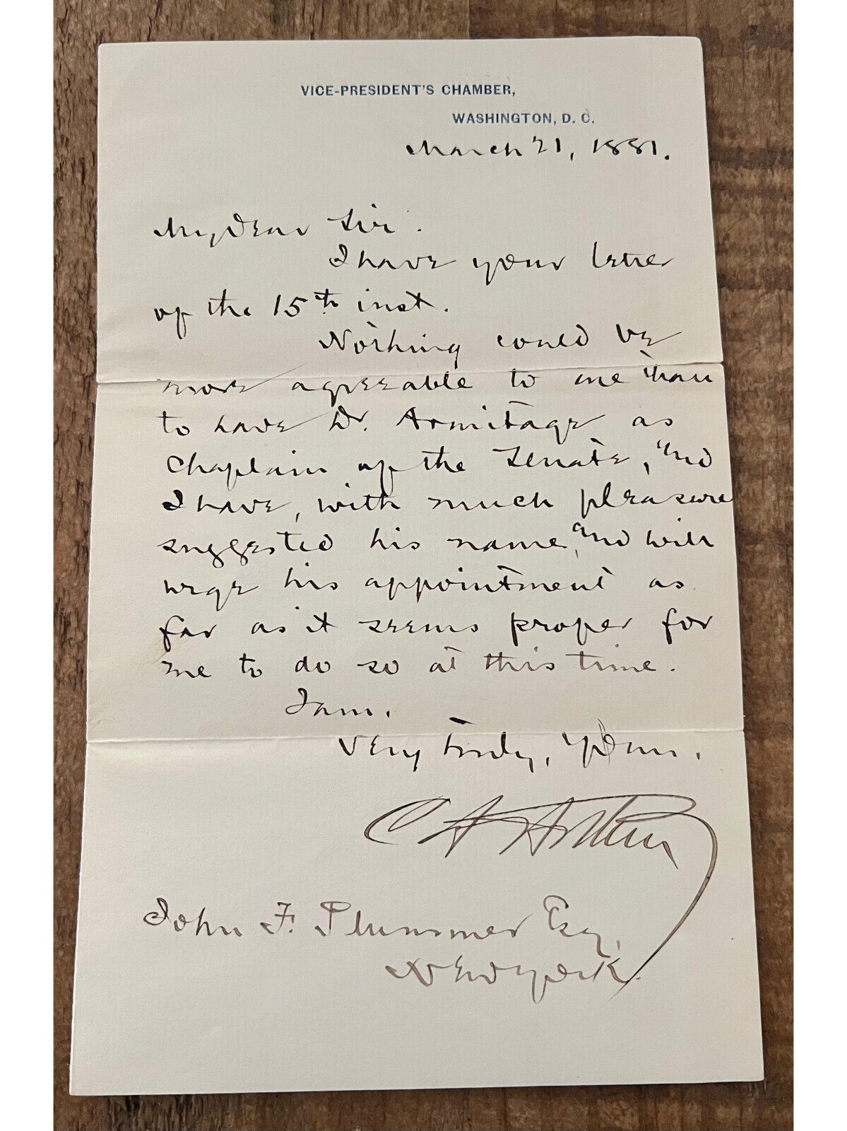 Chester A. Arthur 1881 Letter Signed as Vice President - Two Week Into His Term