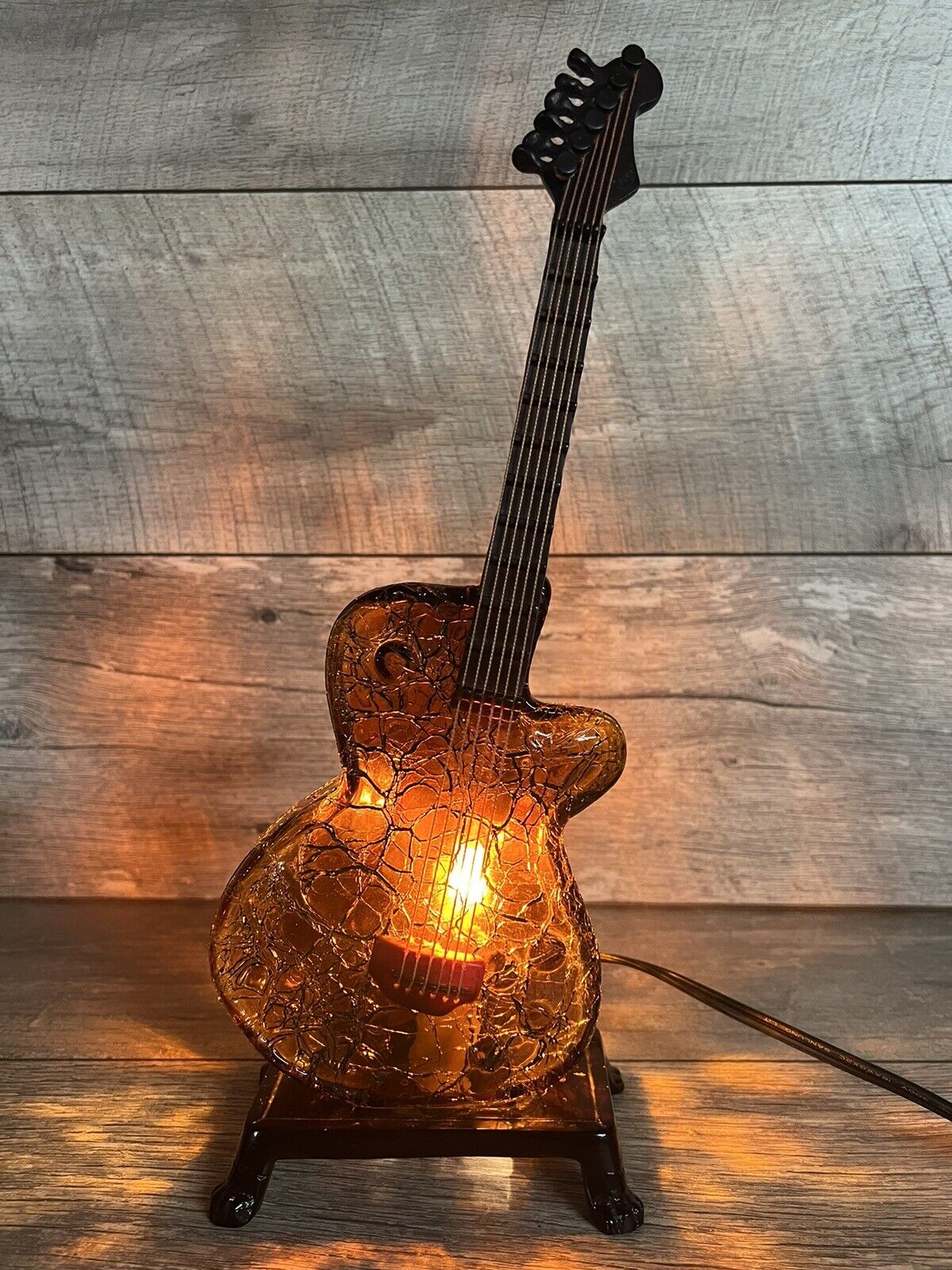 Glass Fender Guitar Shape Style Lamp Amber Color Accent Table Night Light 15”