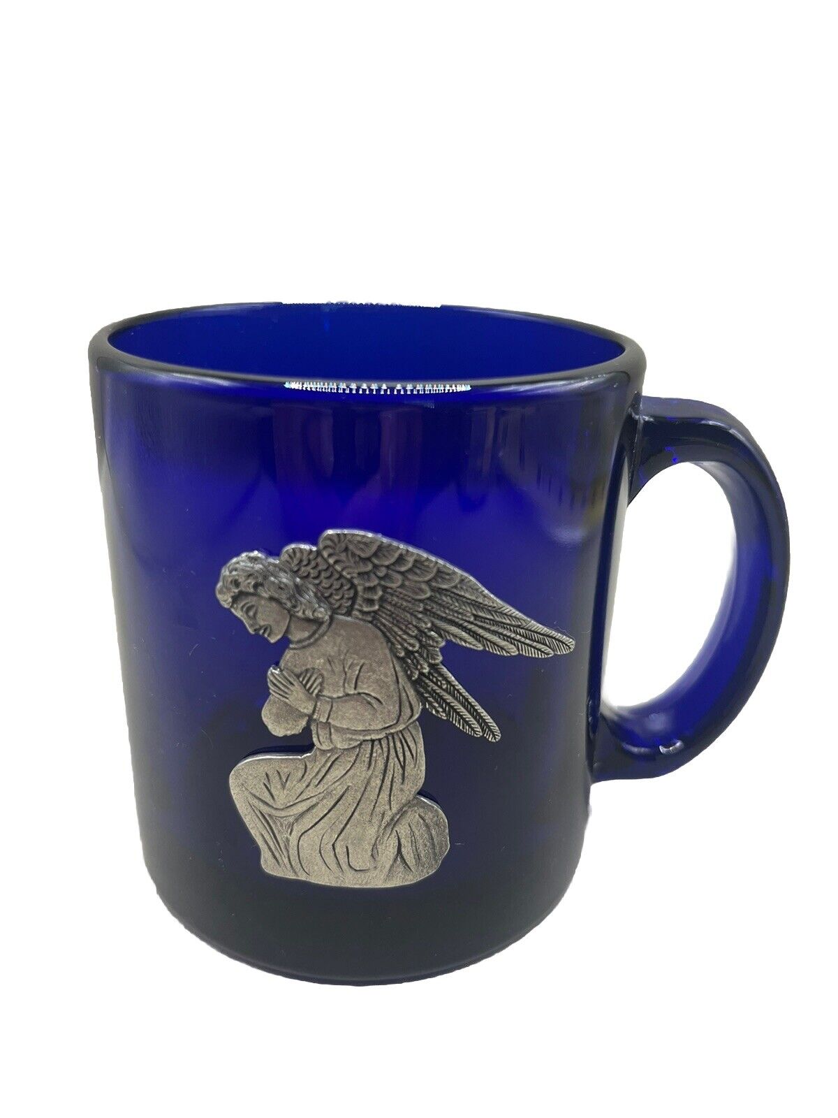 Cobalt Blue Glass Mug With Kneeling Pewter Angel Made In USA