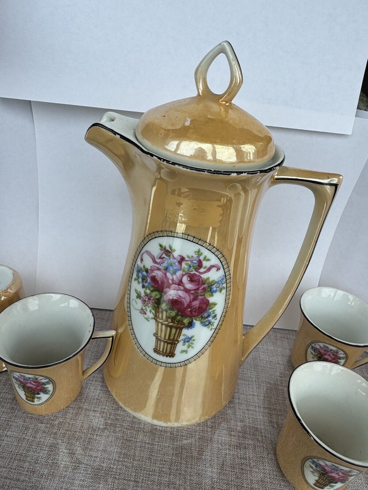 Vintage LEUCHTENBURG GERMAN Porcelain Chocolate Set Pot 6cup & 4 Saucers Flowers