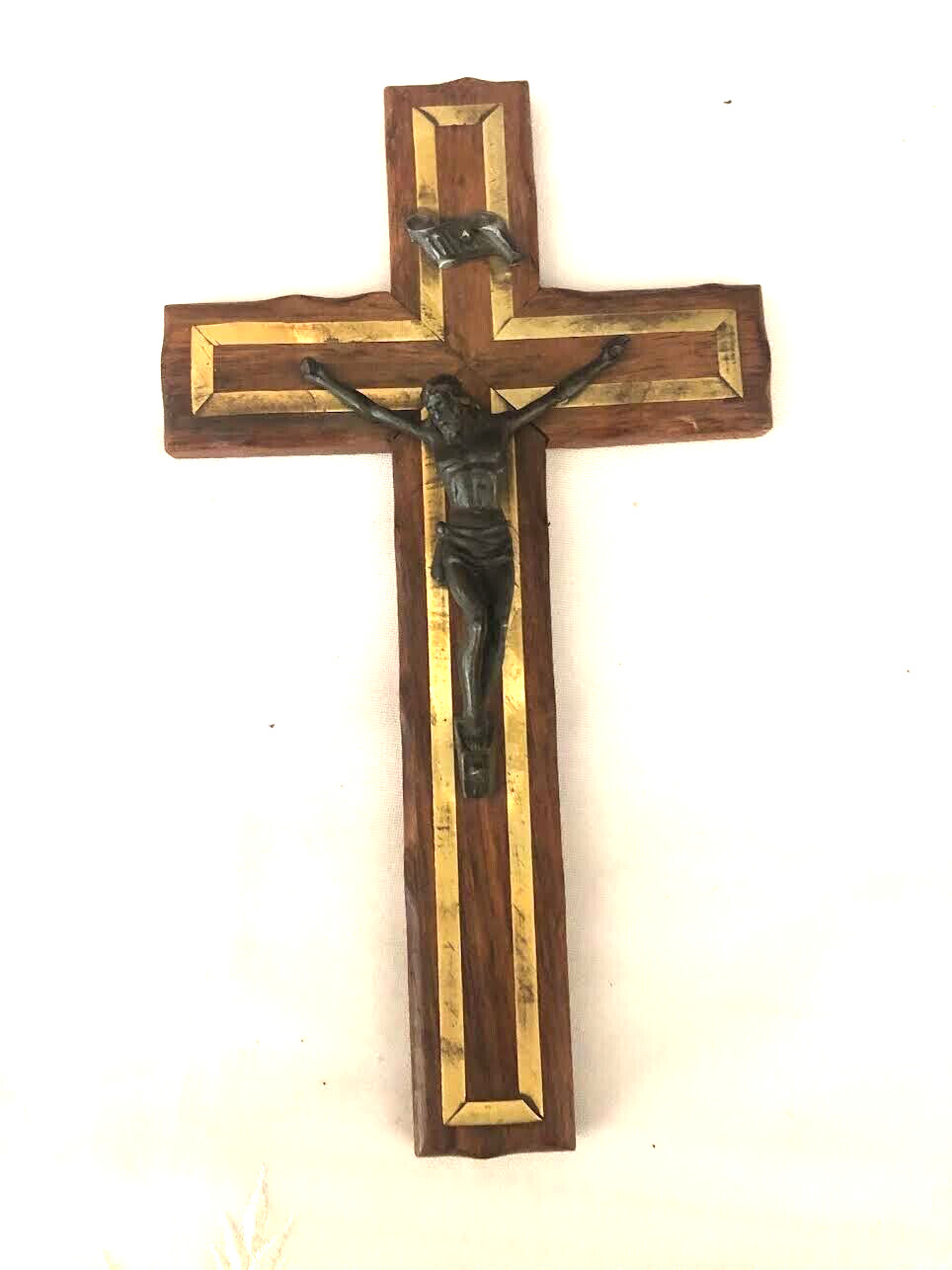 Catholic Church  Inlaid Brass Walnut Crucifix Cross 8\