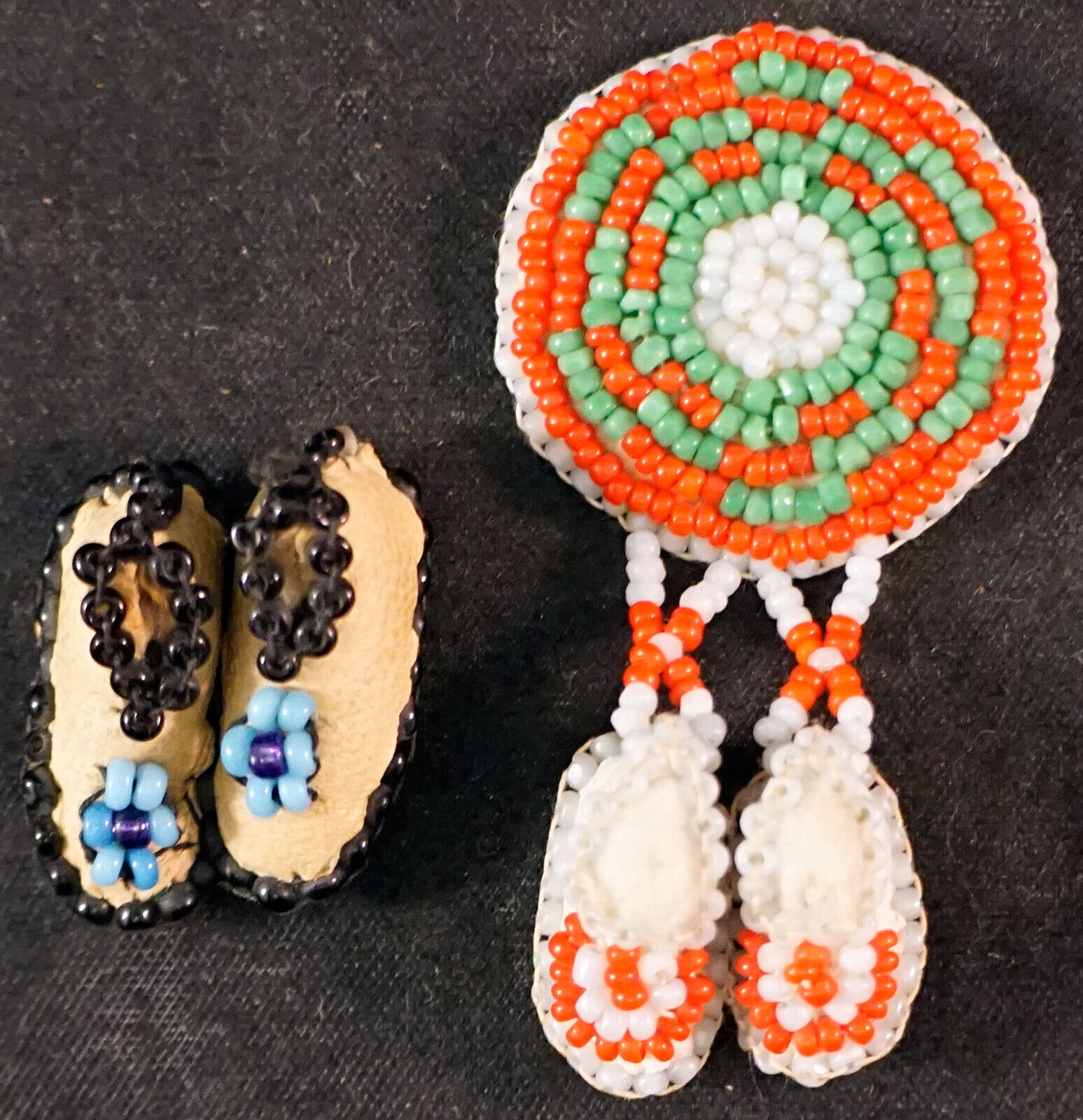 2 Vintage Native American Miniature Leather & Glass Beaded Moccasins As Brooch