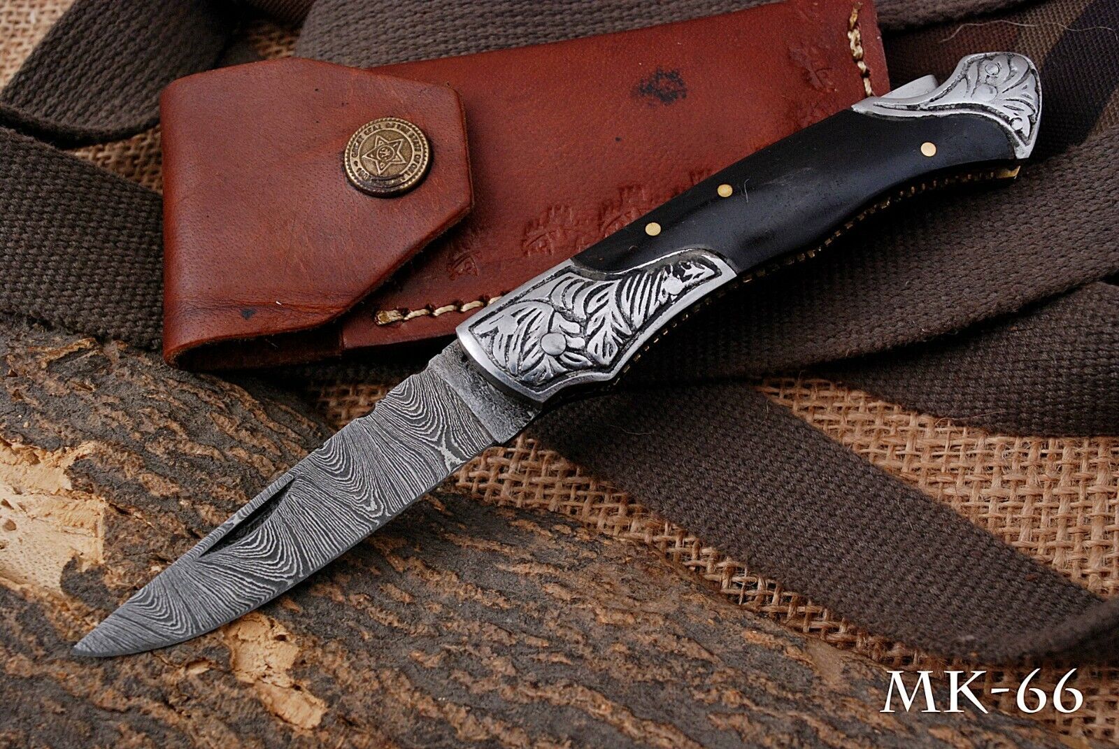  Damascus Steel Hunting Pocket knife Engraved Steel Bolster W/Horn Handle MK 66