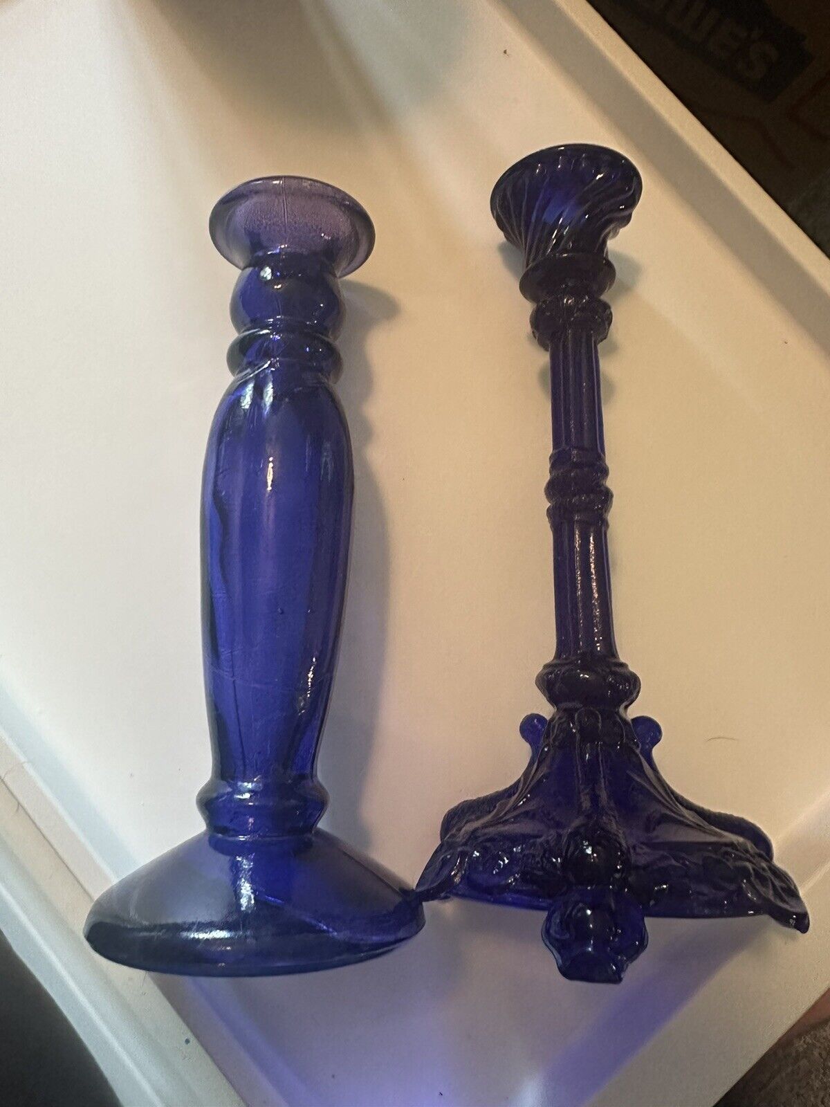 Rare Vintage Cobalt Blue Portieux Vallerysthal Glass Candlestick Holder Bundle