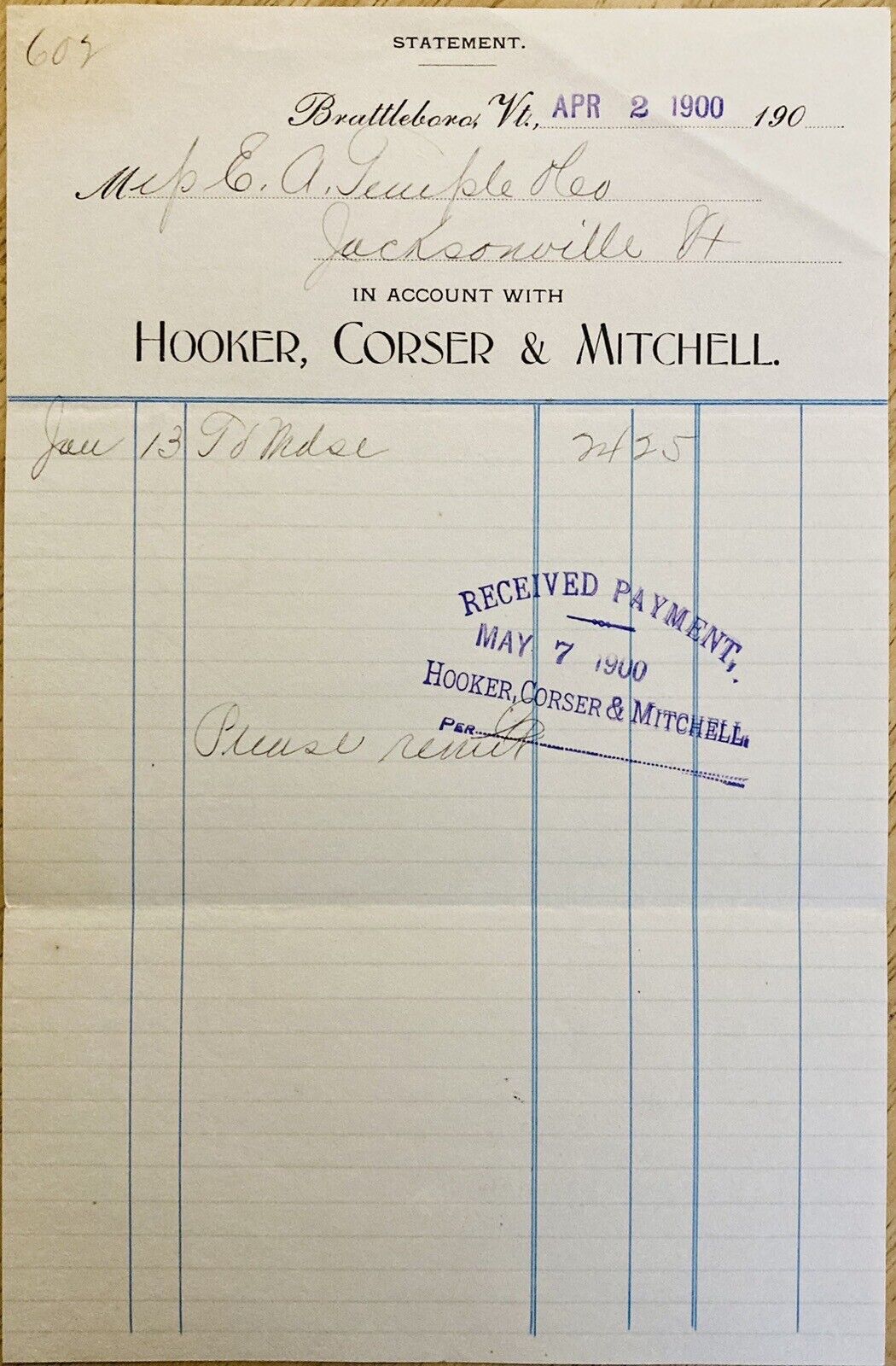 1900 BILLHEAD~HOOKER, CORSER & MITCHELL CO. BRATTLEBORO, VT.