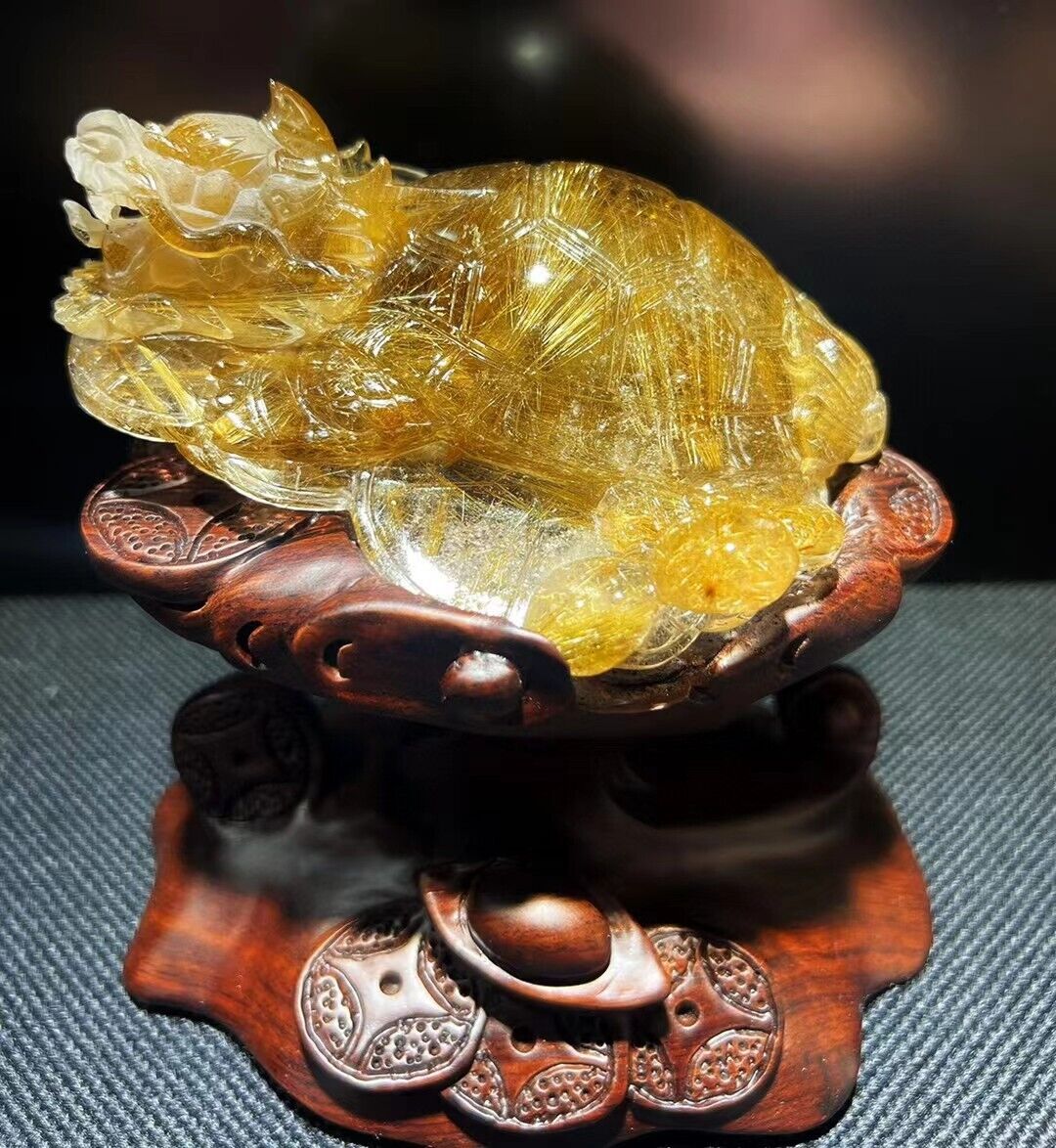 443g Top Rare Natural golden Hair quartz Dragon turtle carved healing+stand