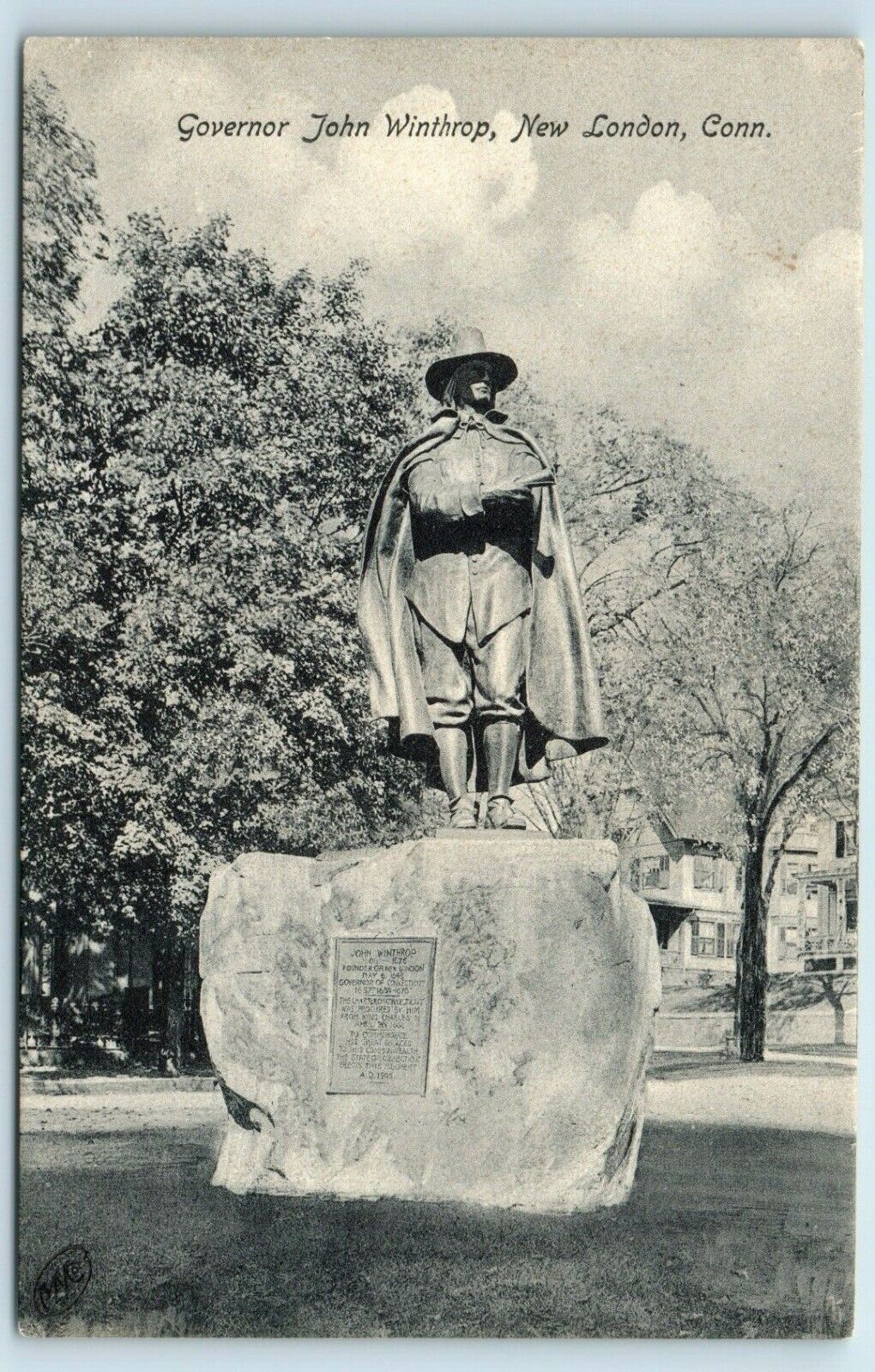 Postcard Governor John Winthrop Statue, New London CT J88