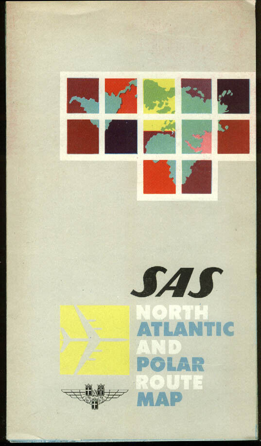 SAS Scandinavian Airlines North Atlantic & Polar Route Map ca 1960