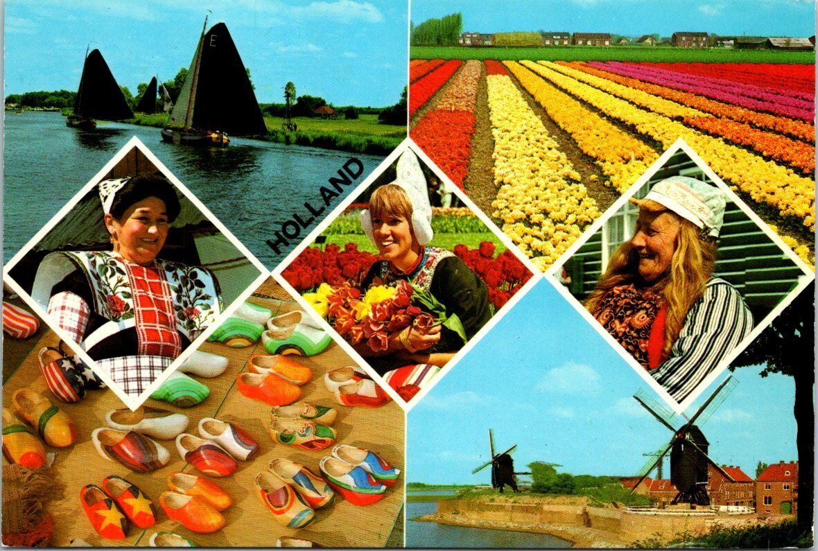 VINTAGE CONTINENTAL SIZE POSTCARD MULTIPLE SIGHTS AND COLORS OF HOLLAND 1970s