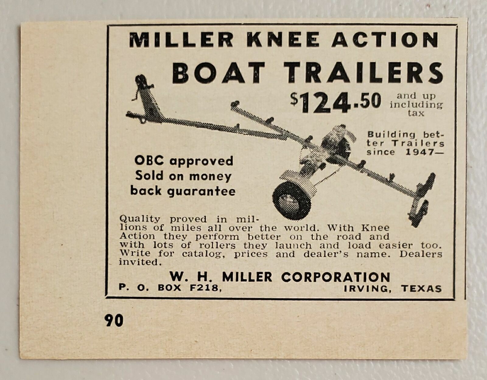 1957 Print Ad Miller Knee Action Boat Trailers Made in Irving,Texas