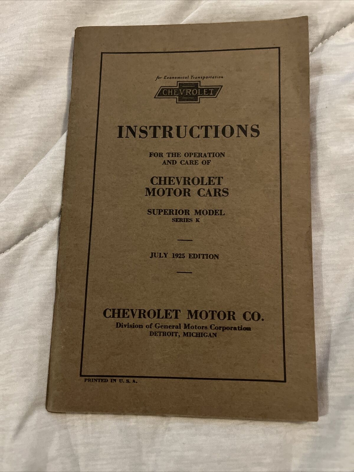 1925 Chevrolet Motor Cars Owners Manual Instructions Superior Model Series K