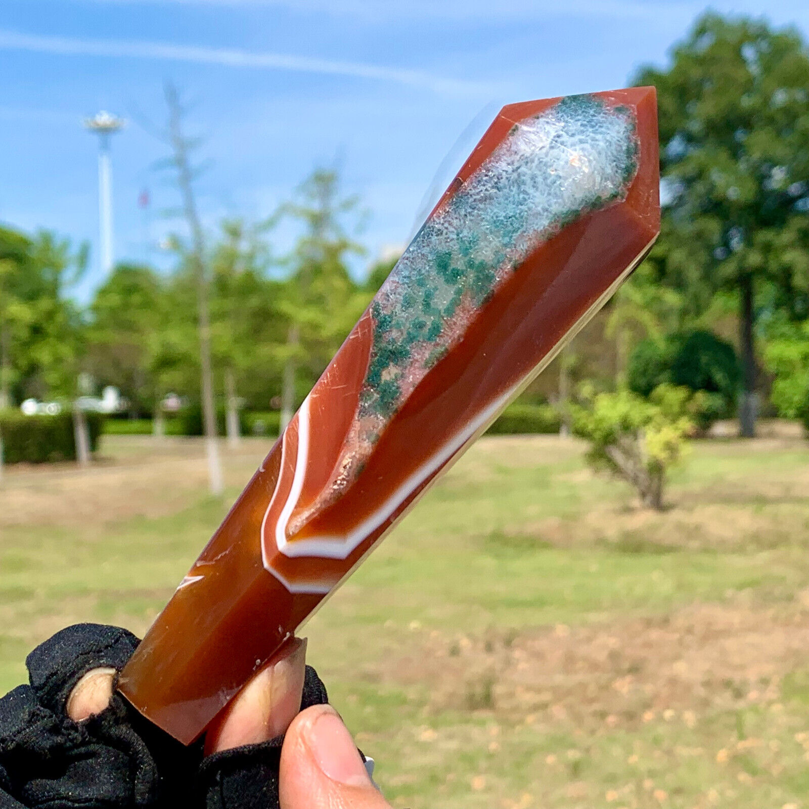 142G Natural red striped Agate crystal cave Single End Magic Wand Therapy